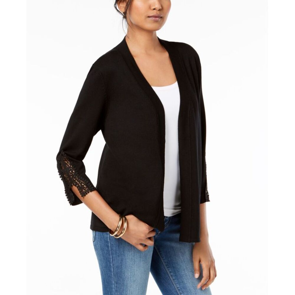 JM Collection Open Front Crochet Trim Cardigan